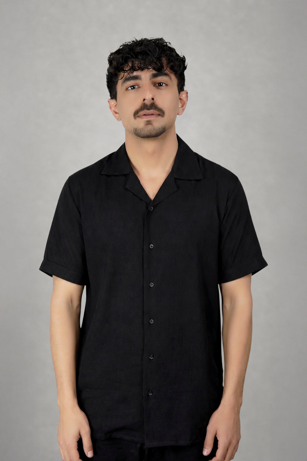 Midnight Black Irish Linen Cuban Collar Shirt