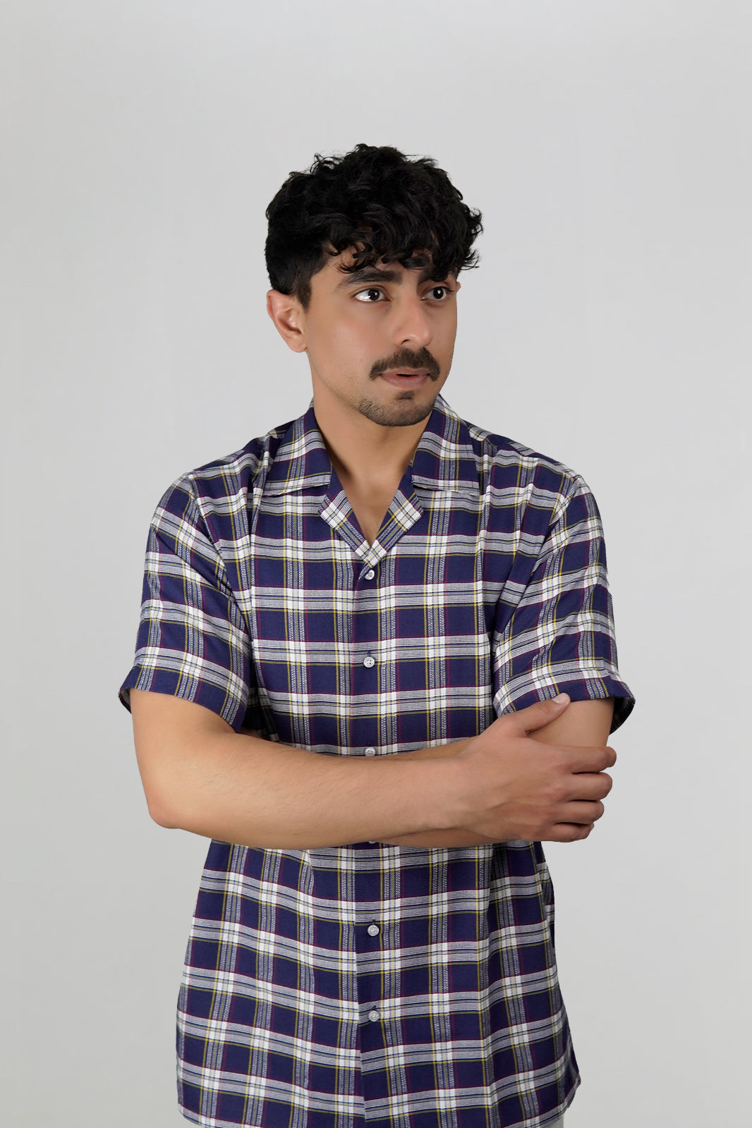 Navy Check Cuban Shirt - Off-White Contrast