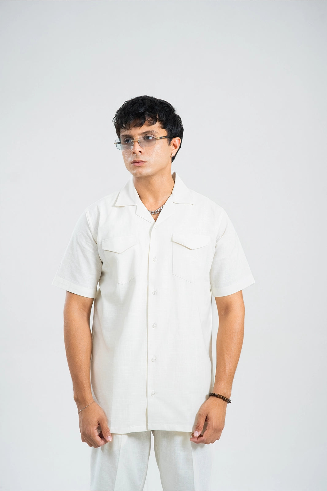Ivory White Double Pocket Cuban Shirt