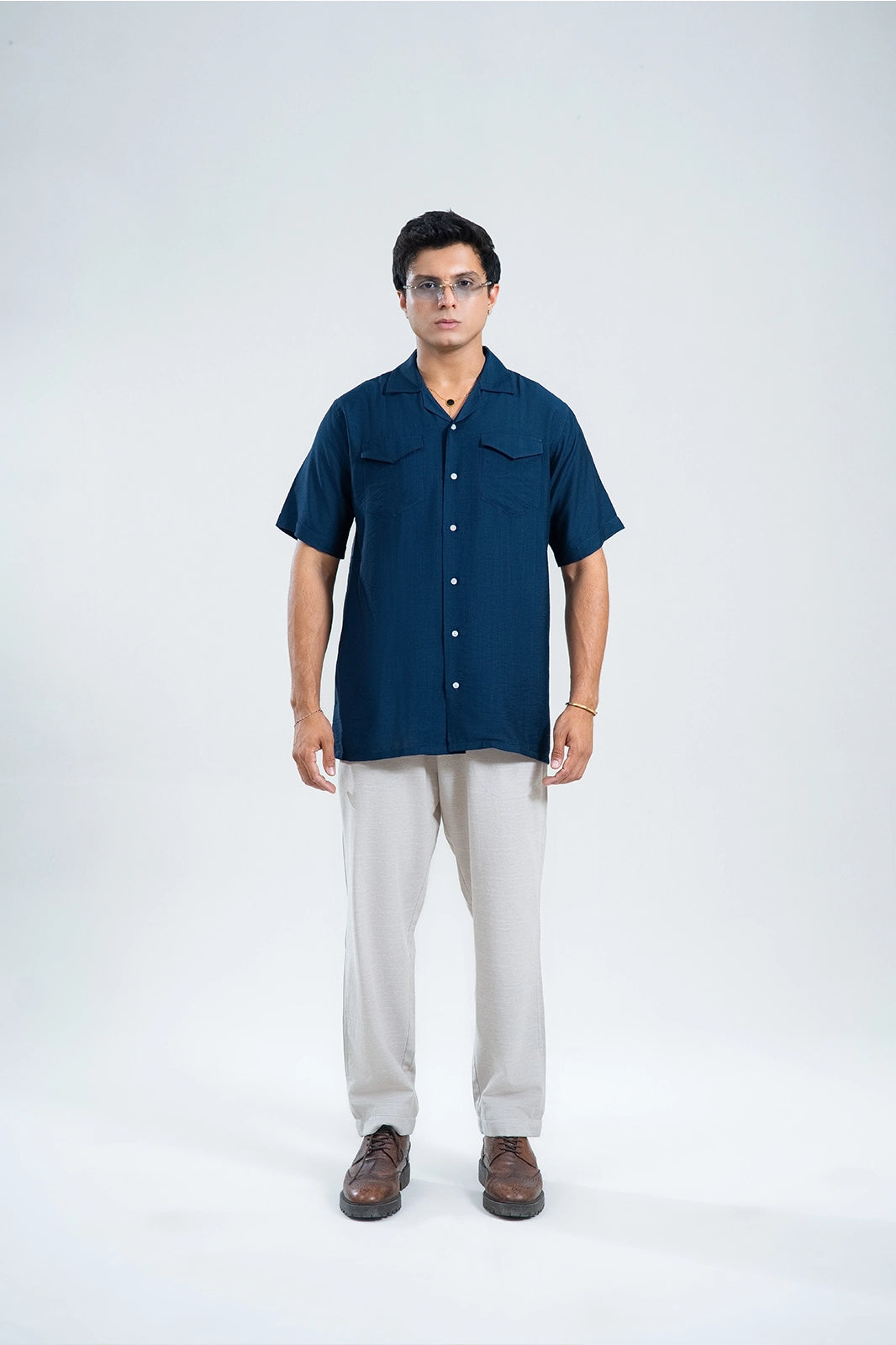 Ocean Navy Double Pocket Cuban Shirt