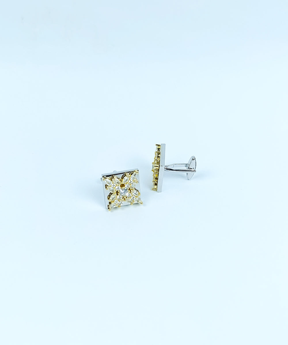 Sophisticated Square Two-Tone Crystal Floral Cufflinks (Cufflink 479)