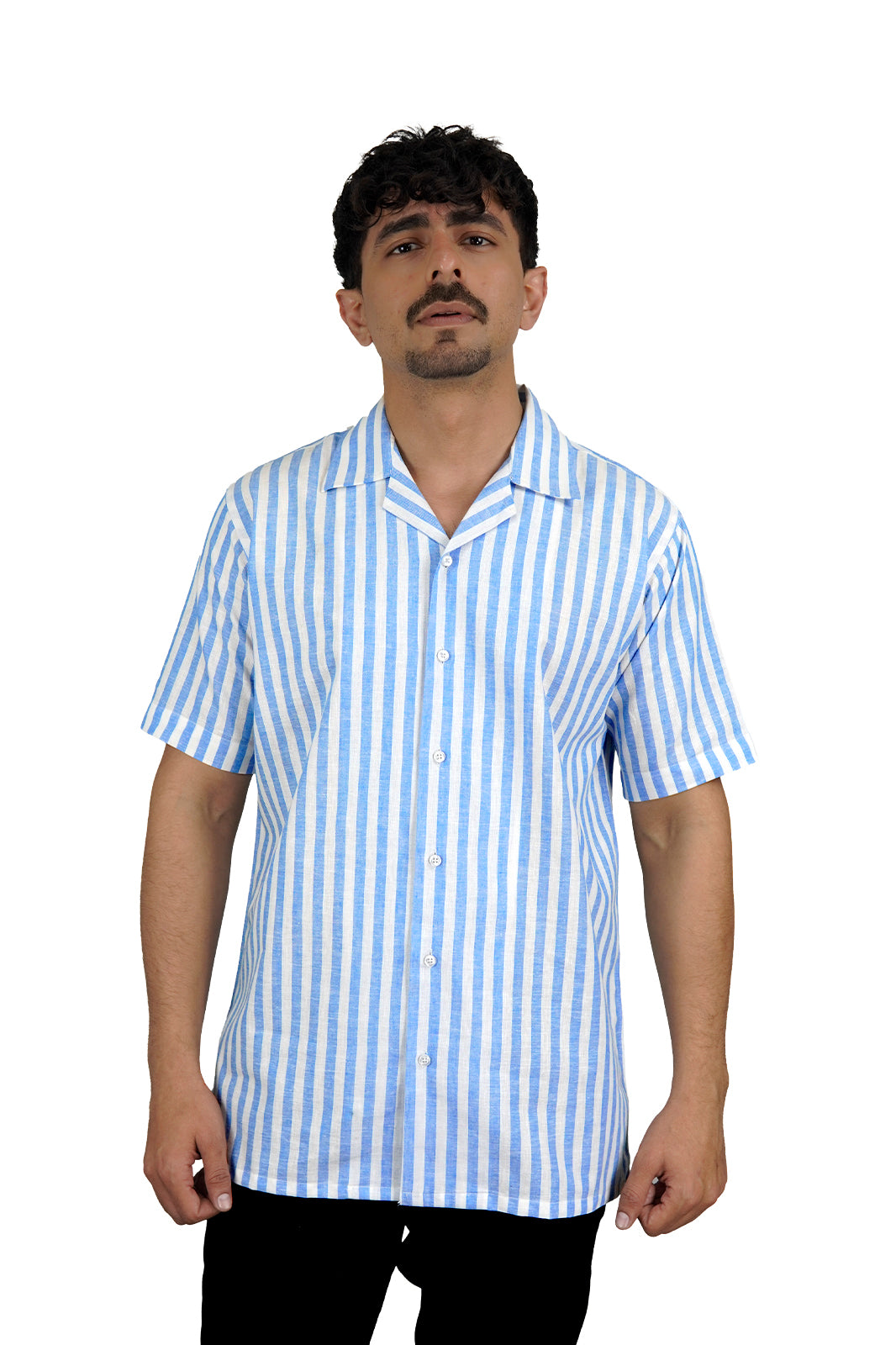 Classic Royal & White Striped Irish Linen Cuban Shirt