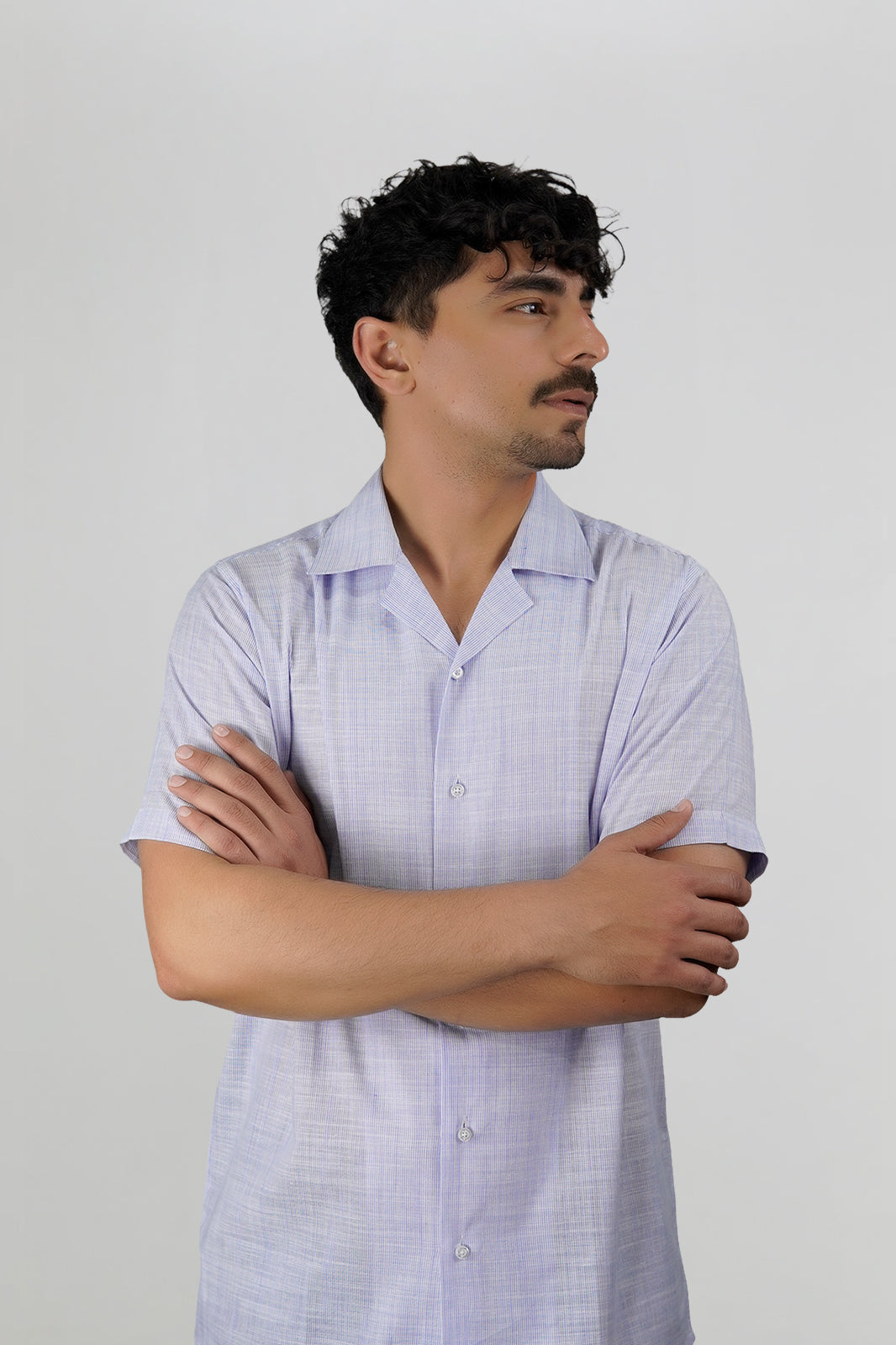 Light Royal Irish Linen Cuban Collar Shirt - White Trim