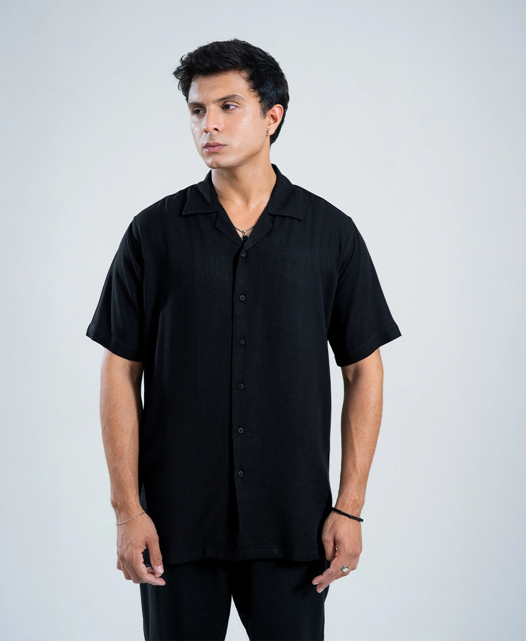 Midnight Black Irish Linen Cuban Collar Shirt