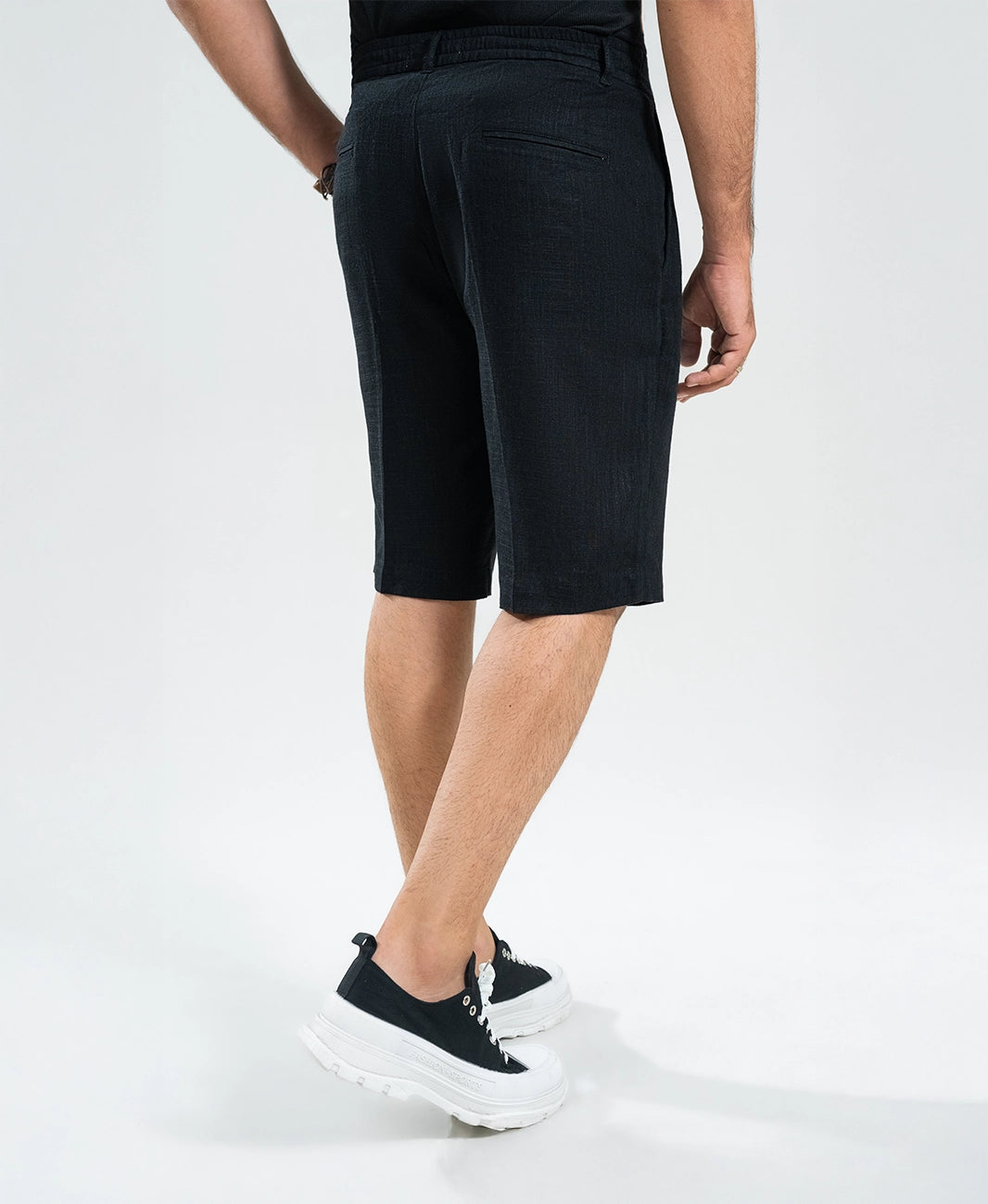 Midnight Black Textured Linen Shorts