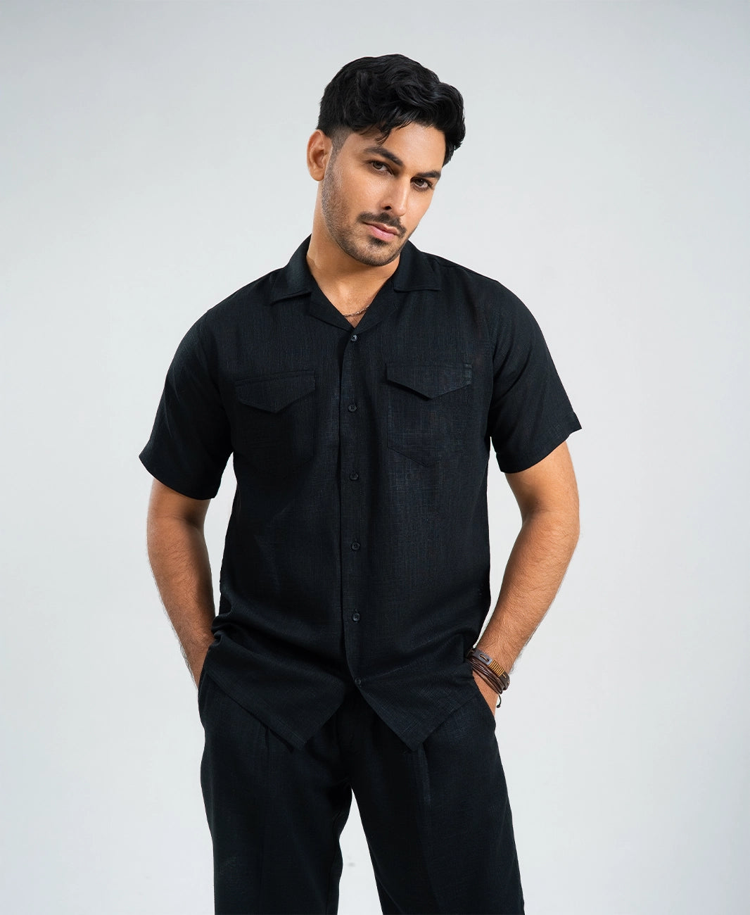 Midnight Black Double Pocket Cuban Shirt