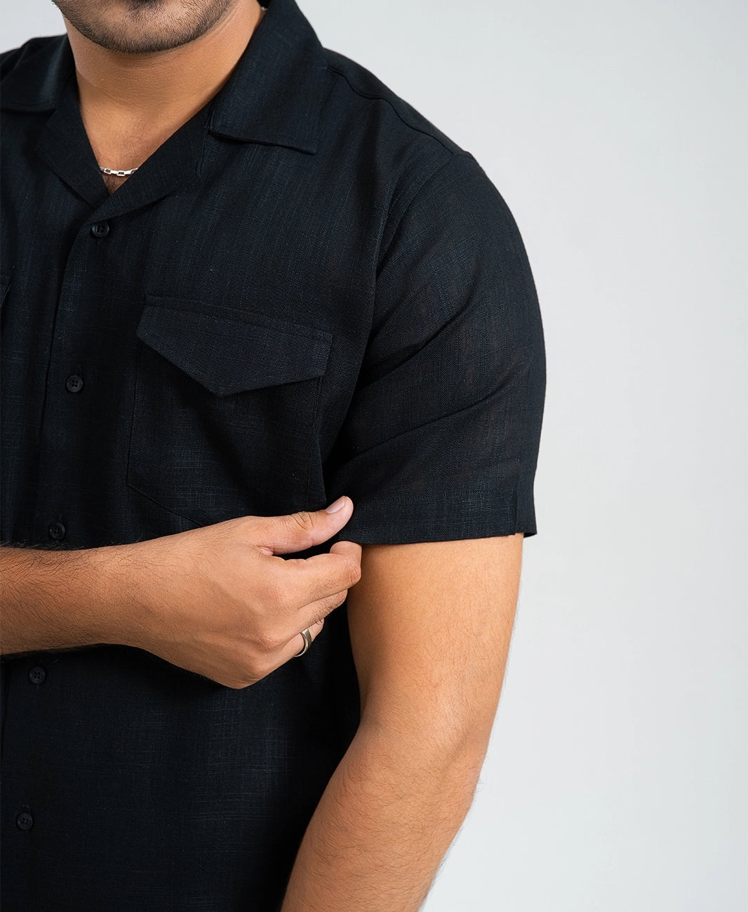 Midnight Black Double Pocket Cuban Shirt