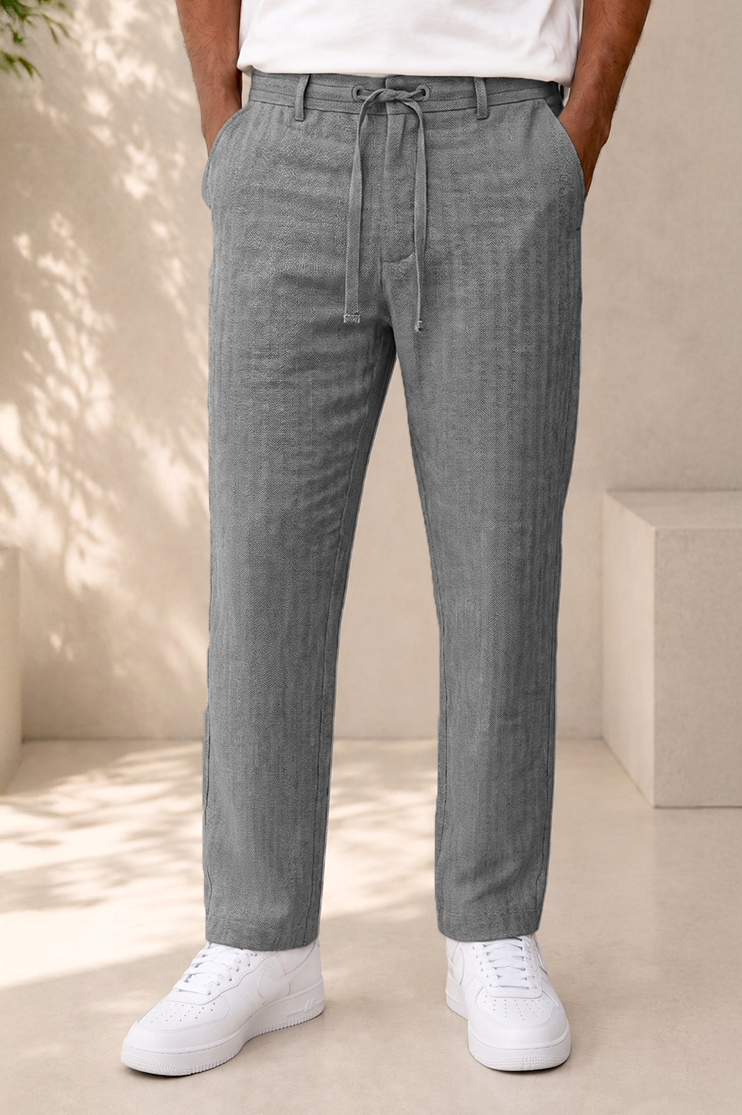 Grey Stripe Textured Irish Linen Trousers