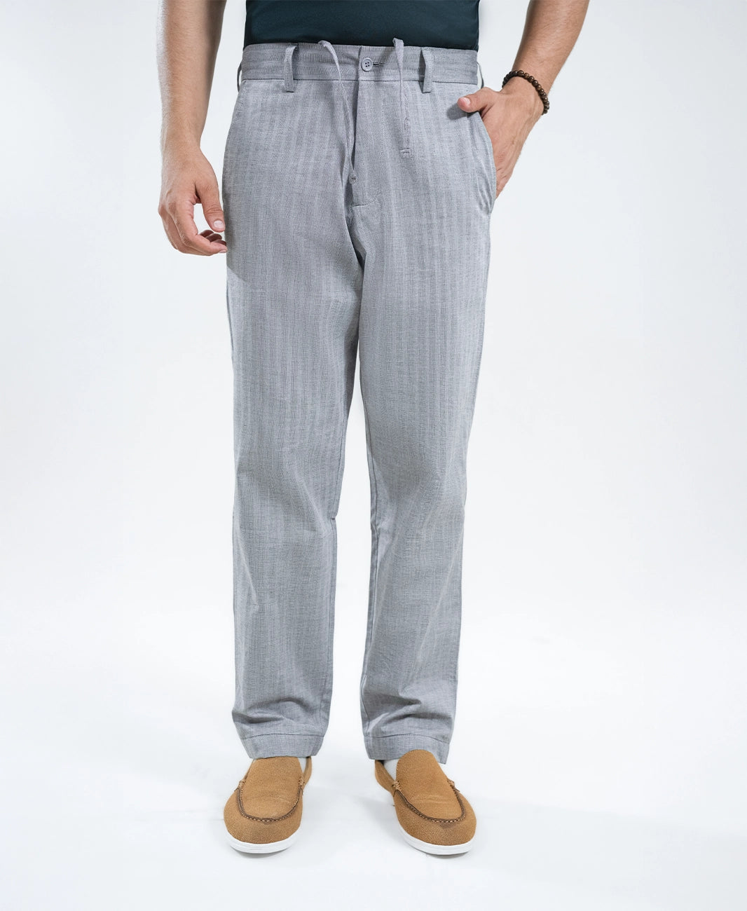 Grey Stripe Textured Irish Linen Trousers