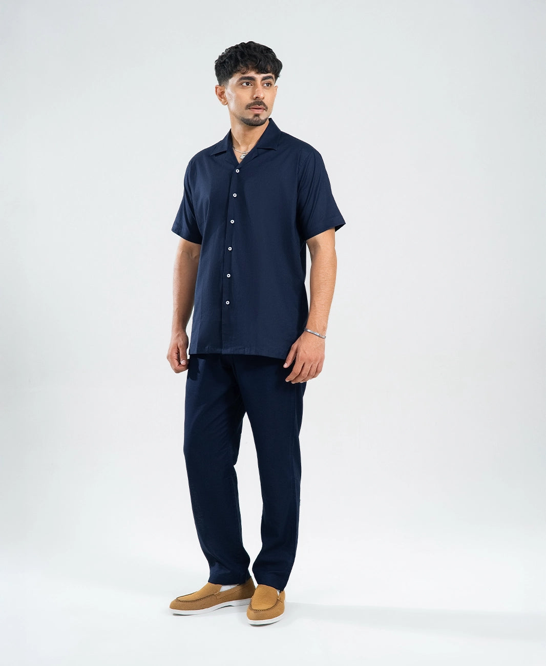 Deep Navy Irish Linen Cuban Collar Shirt
