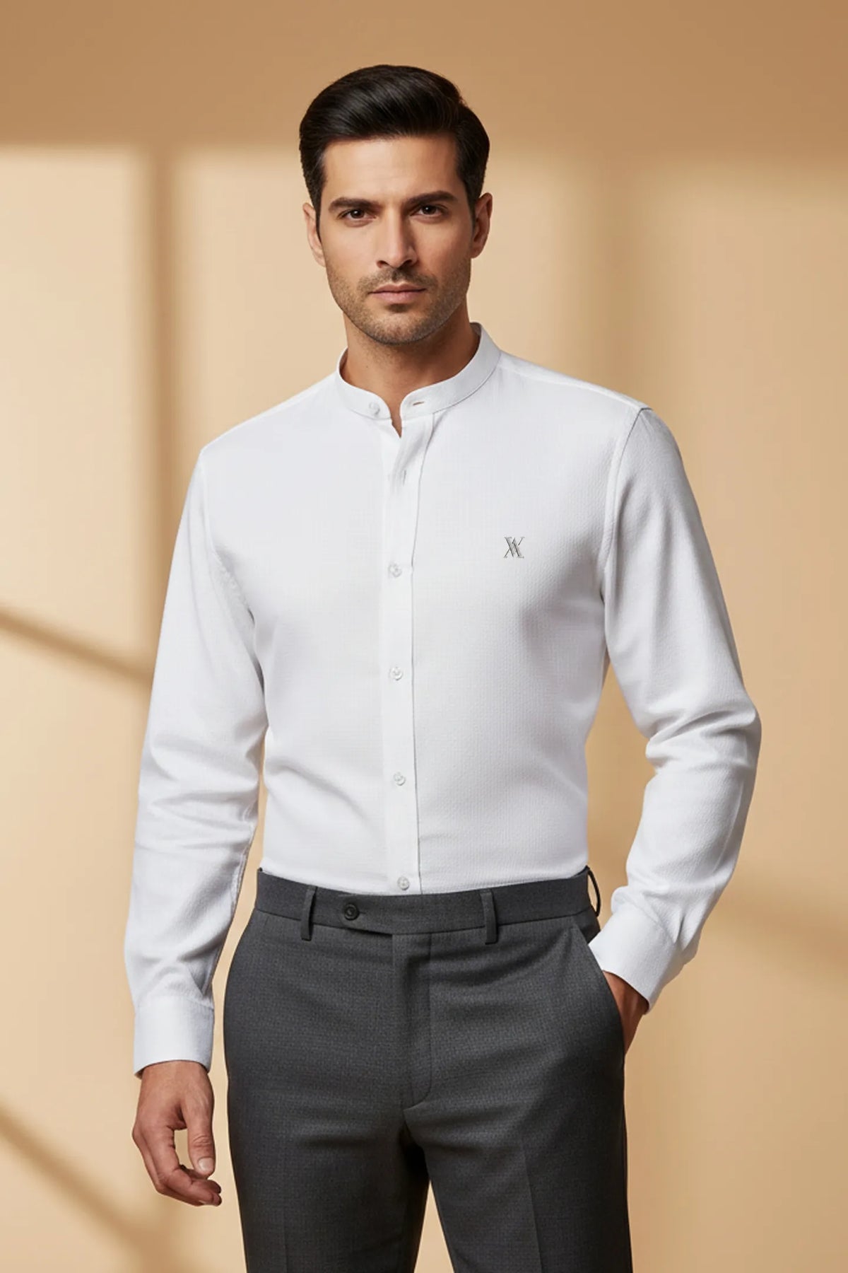 White Self Texture Mandarin Shirt