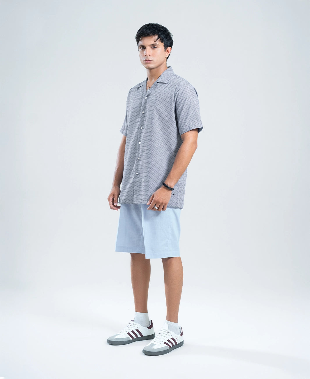 Navy & Grey Jacquard Cuban Shirt - Premium Weave