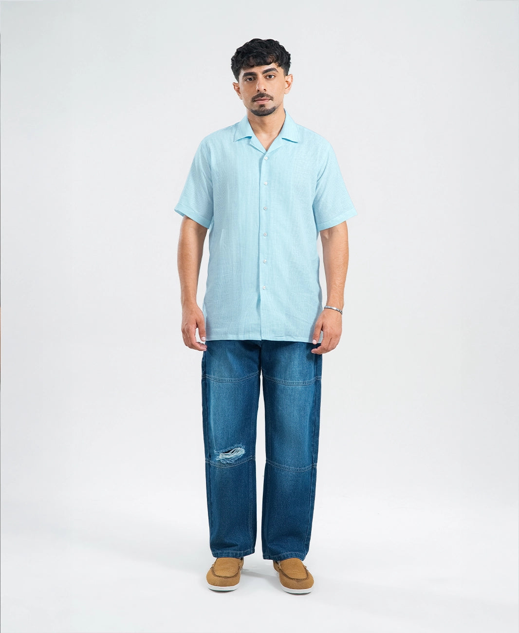 Sky Blue & White Stripe Irish Linen Cuban Shirt