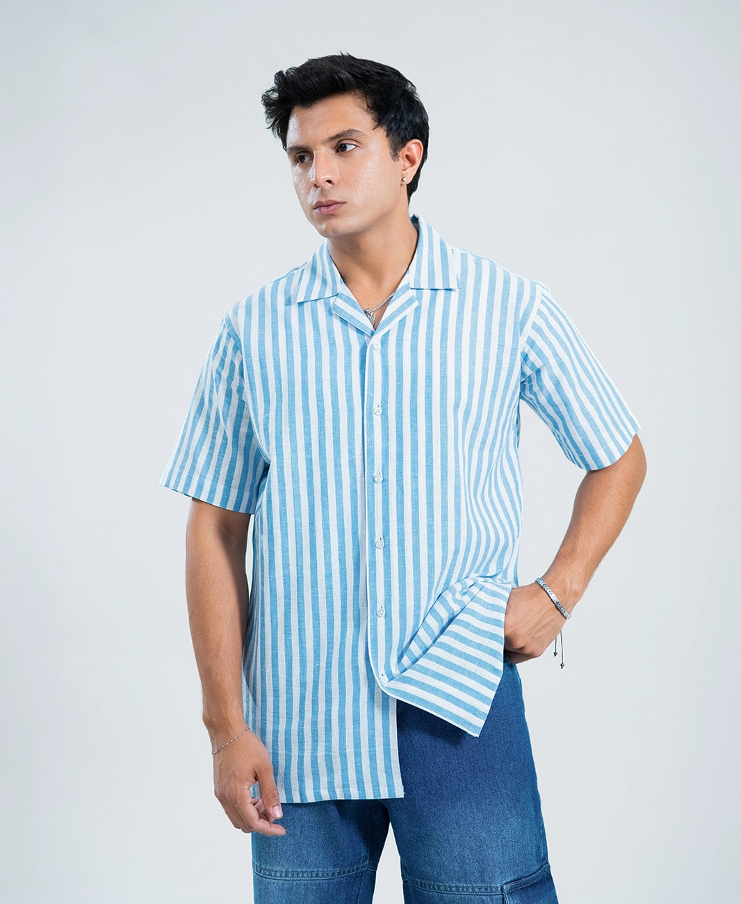 Classic Royal & White Striped Irish Linen Cuban Shirt
