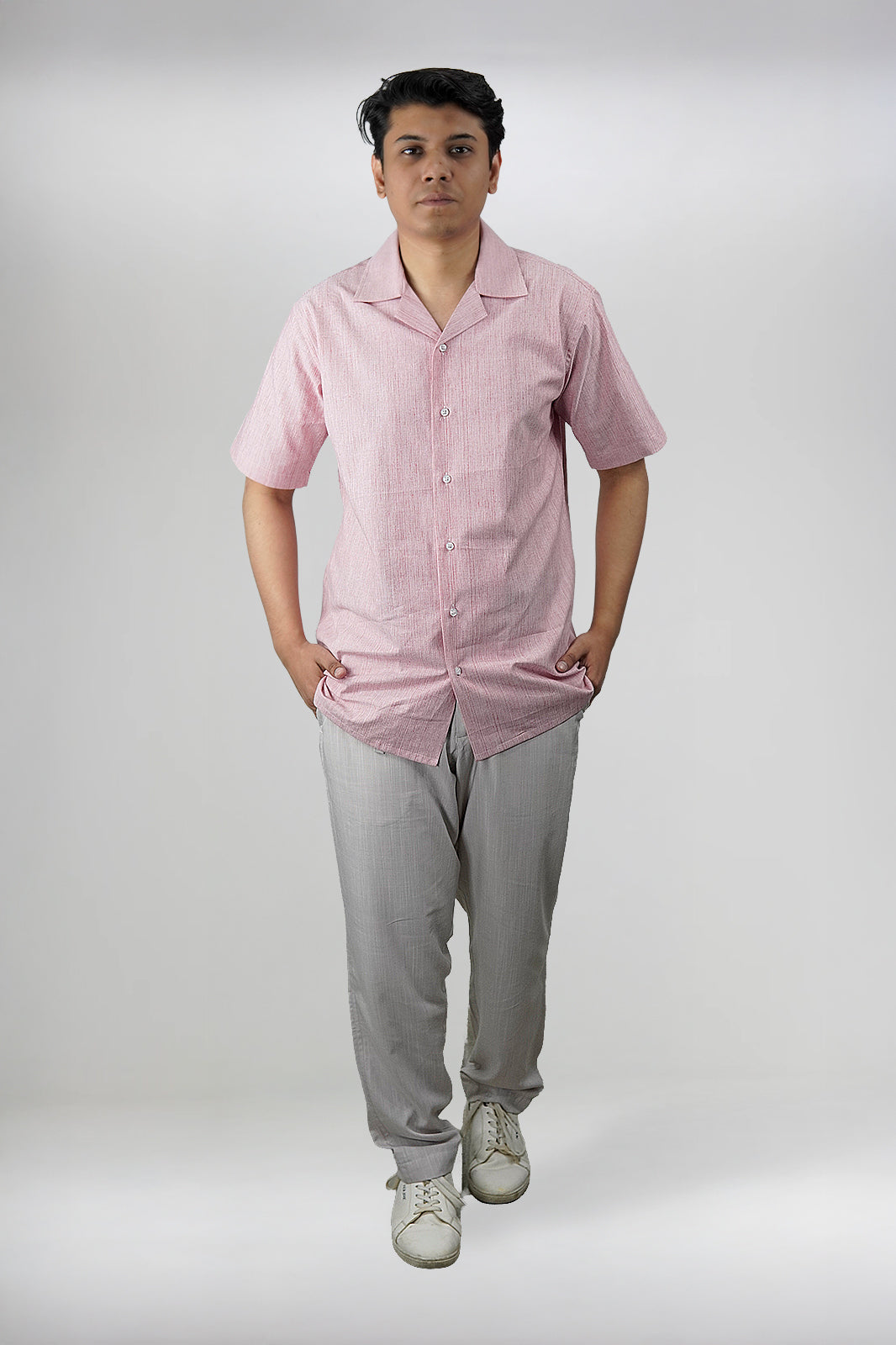 Red & White Striped Textured Cuban Shirt