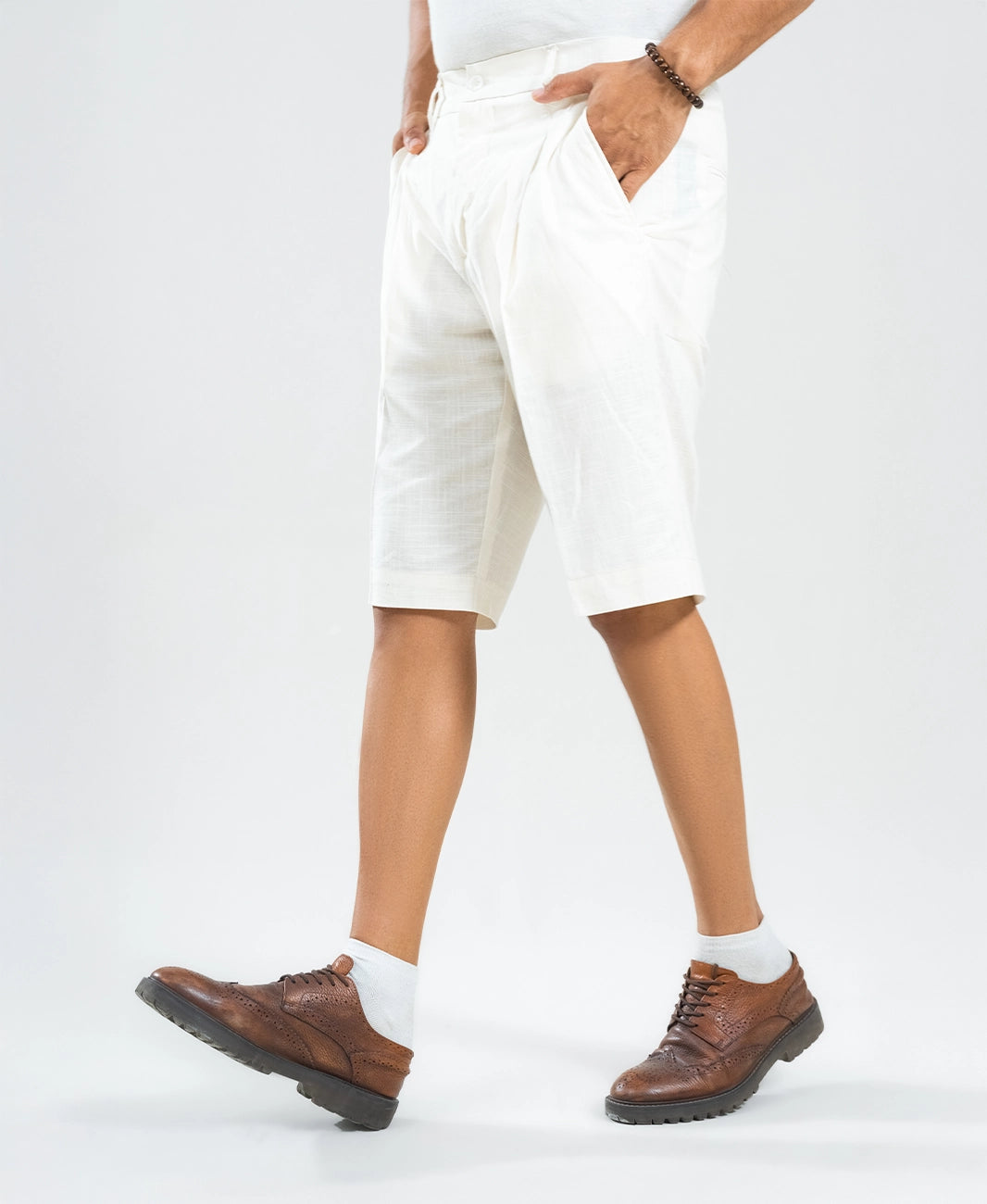 Ivory White Textured Linen Shorts