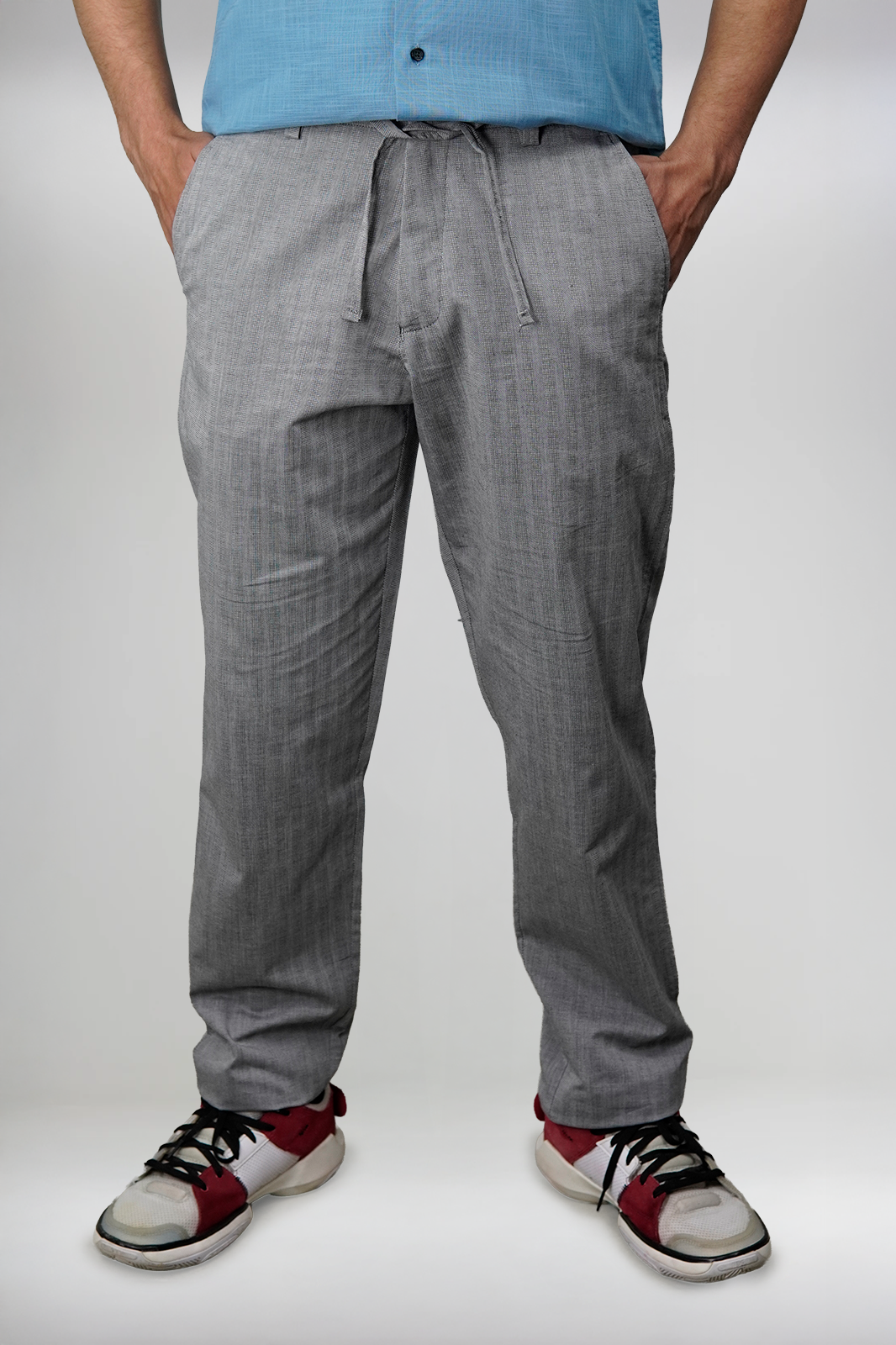 Grey Stripe Textured Irish Linen Trousers