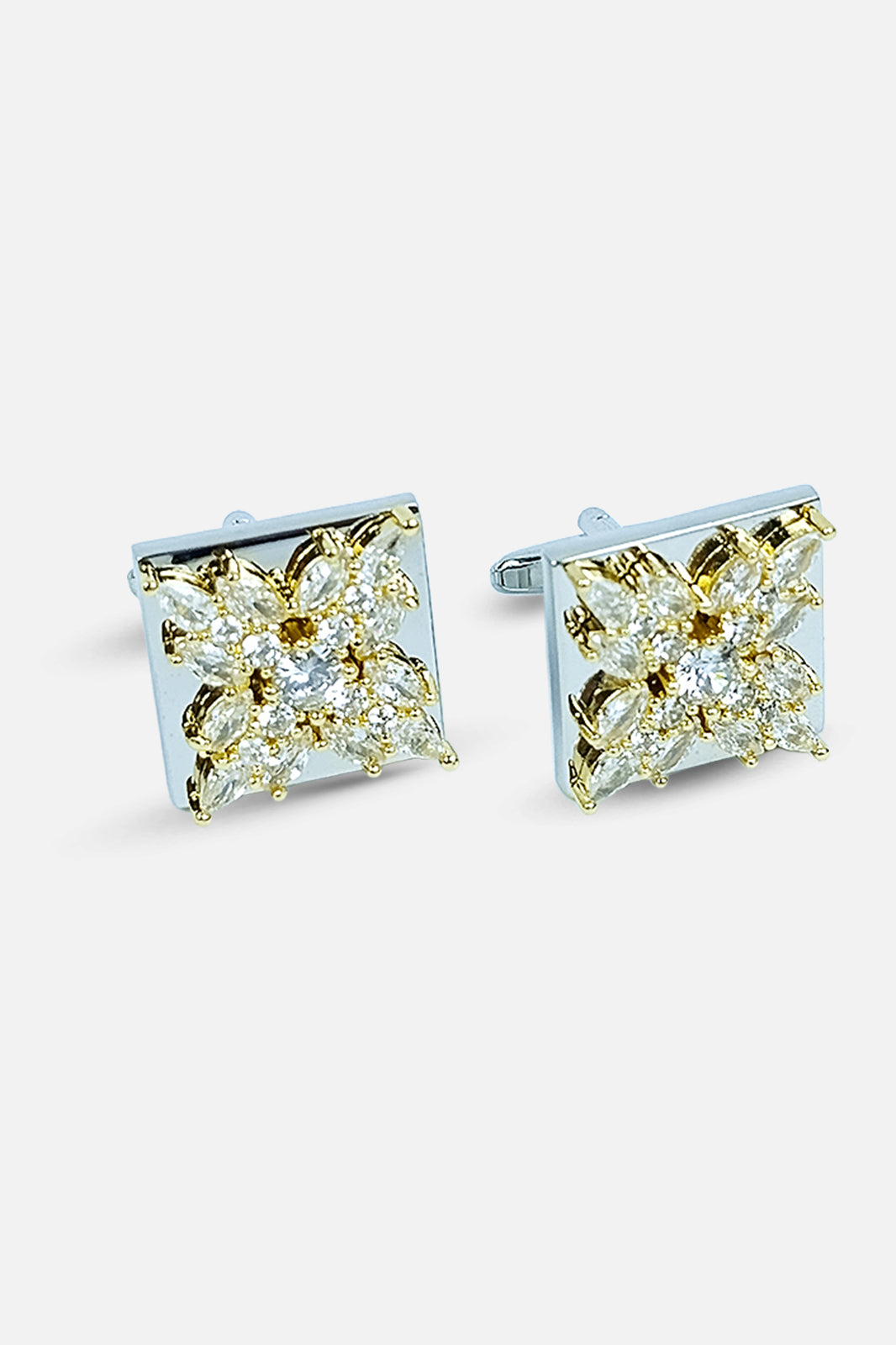 Sophisticated Square Two-Tone Crystal Floral Cufflinks (Cufflink 479)