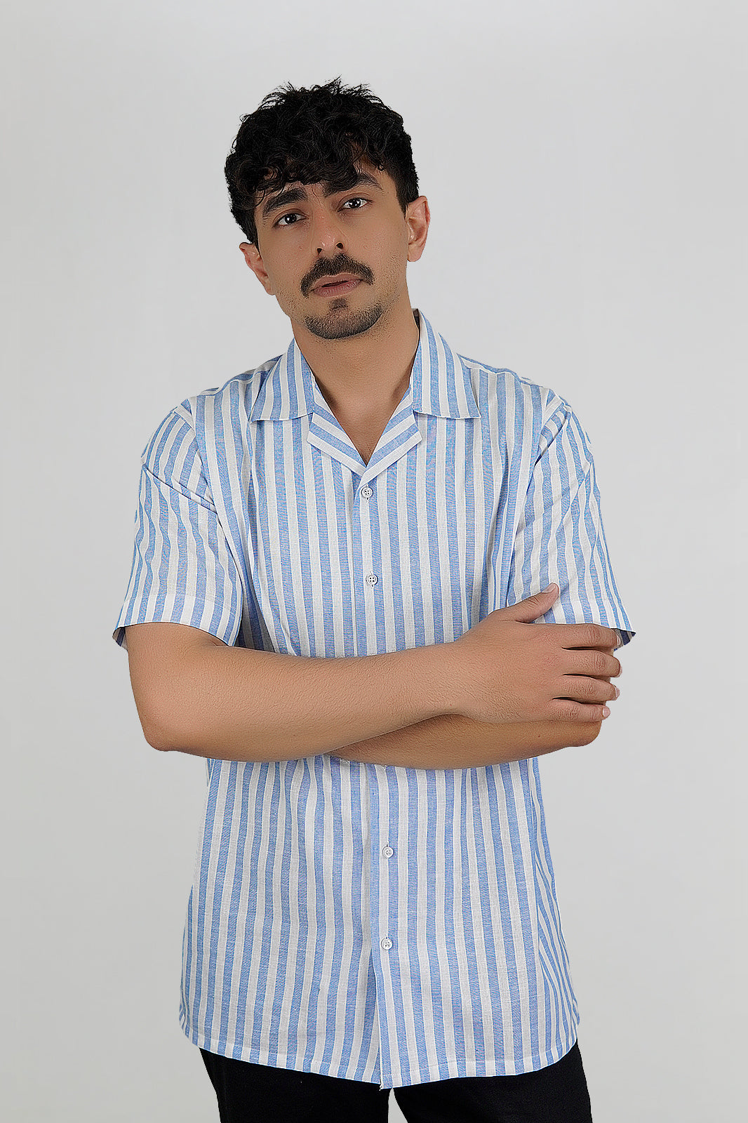 Classic Royal & White Striped Irish Linen Cuban Shirt