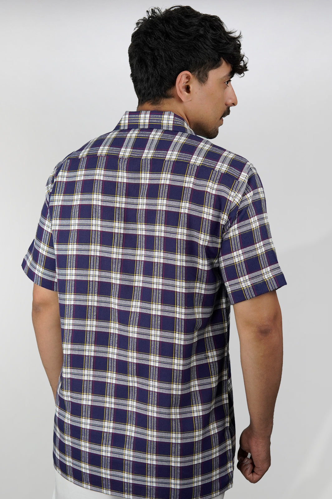 Navy Check Cuban Shirt - Off-White Contrast