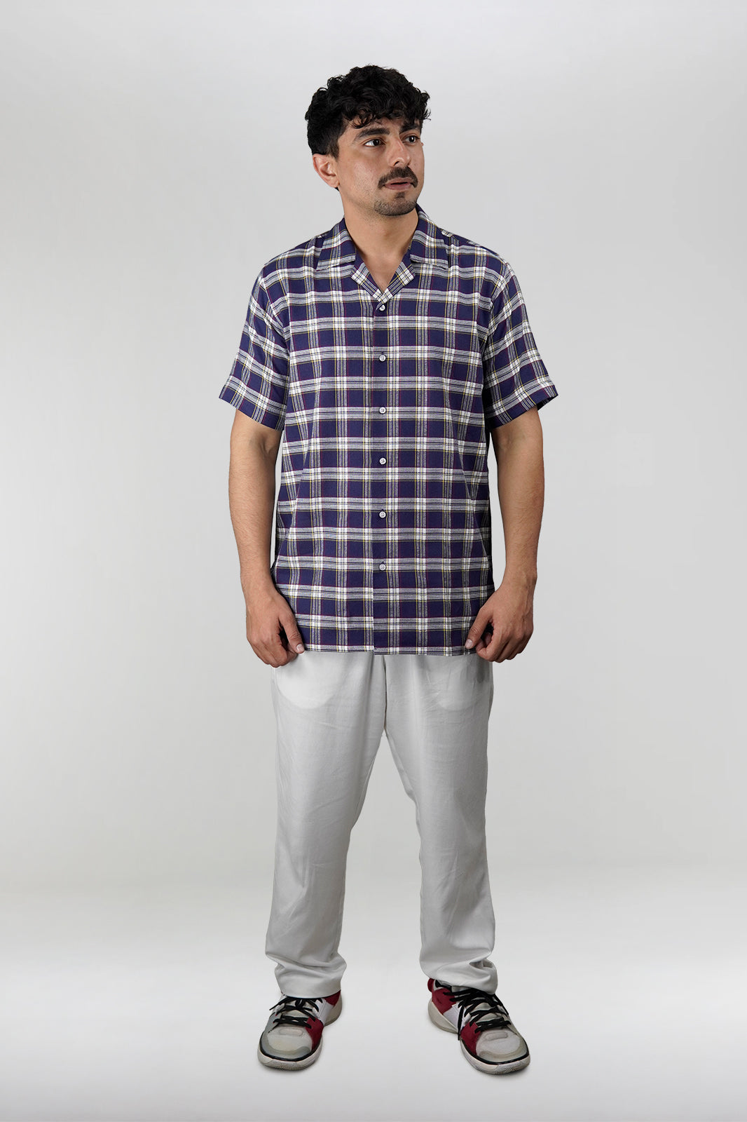 Navy Check Cuban Shirt - Off-White Contrast