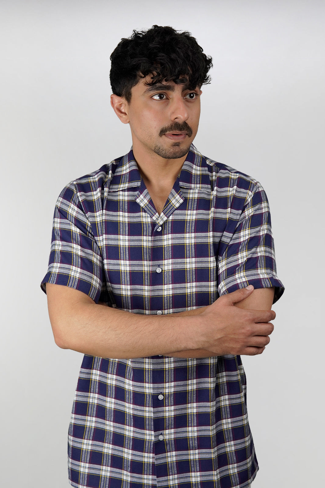 Navy Check Cuban Shirt - Off-White Contrast