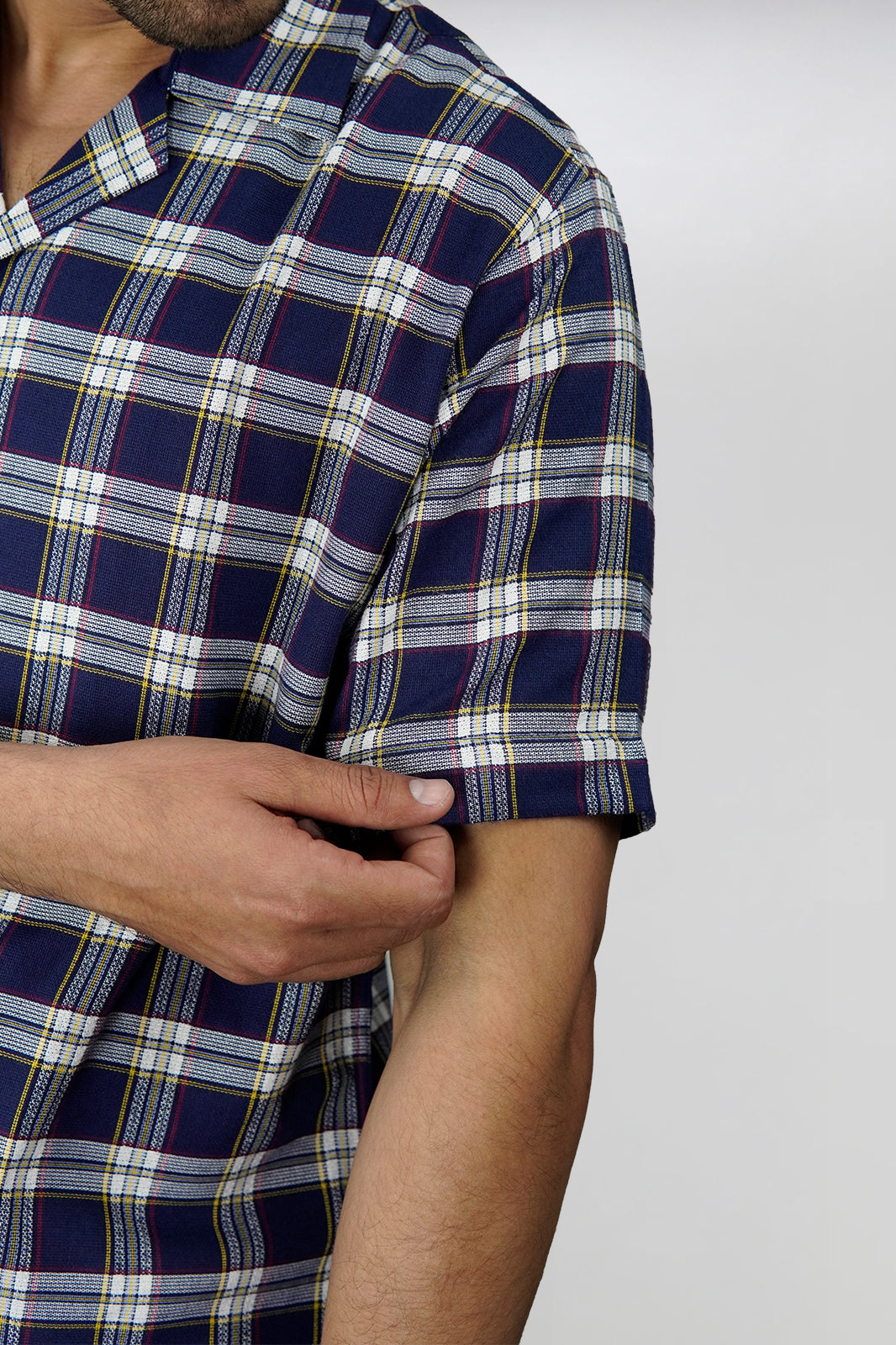 Navy Check Cuban Shirt - Off-White Contrast