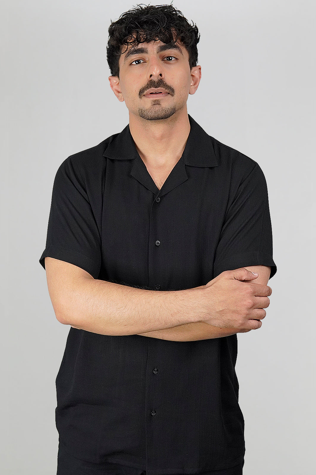 Midnight Black Irish Linen Cuban Collar Shirt