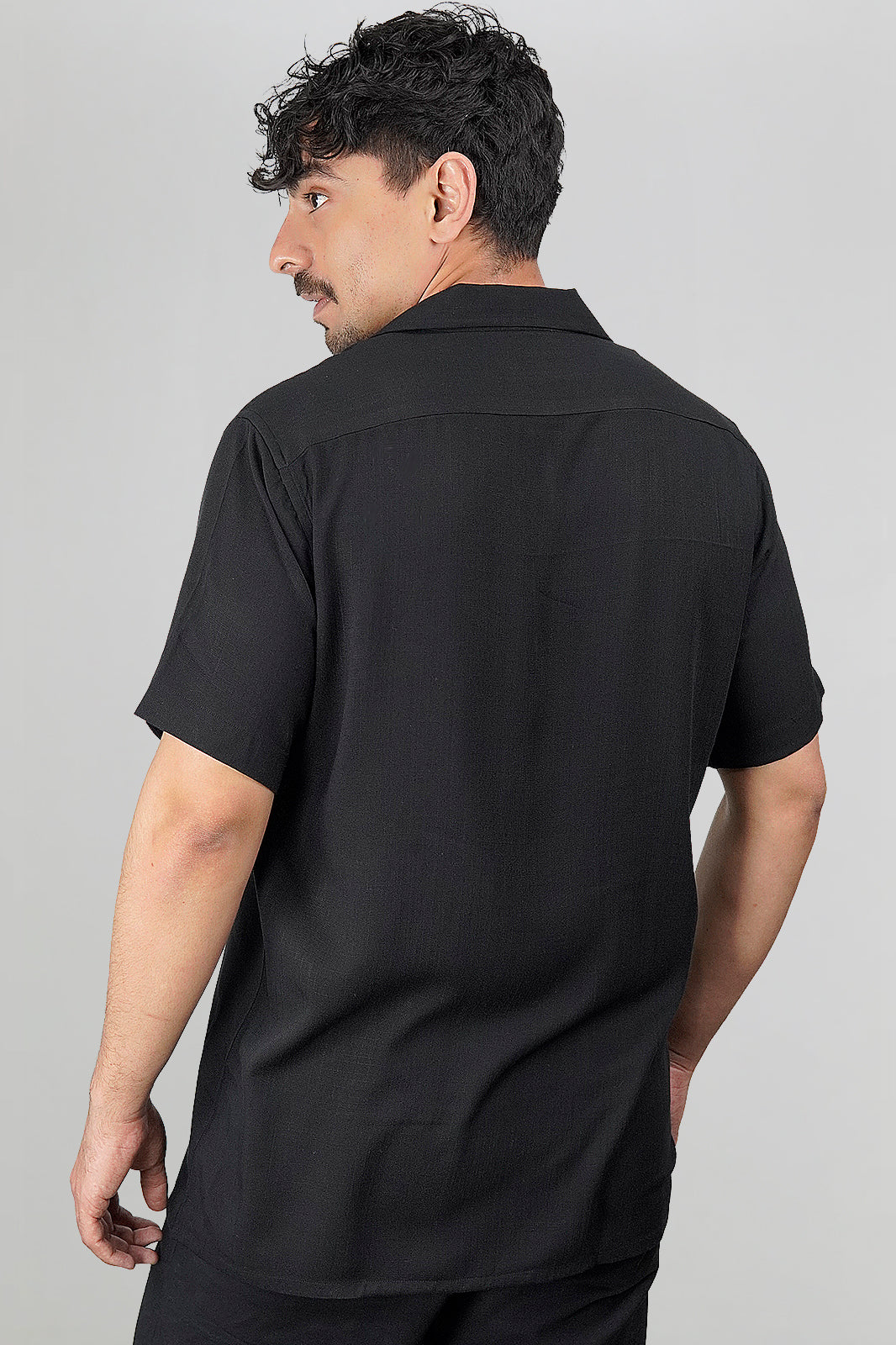 Midnight Black Irish Linen Cuban Collar Shirt