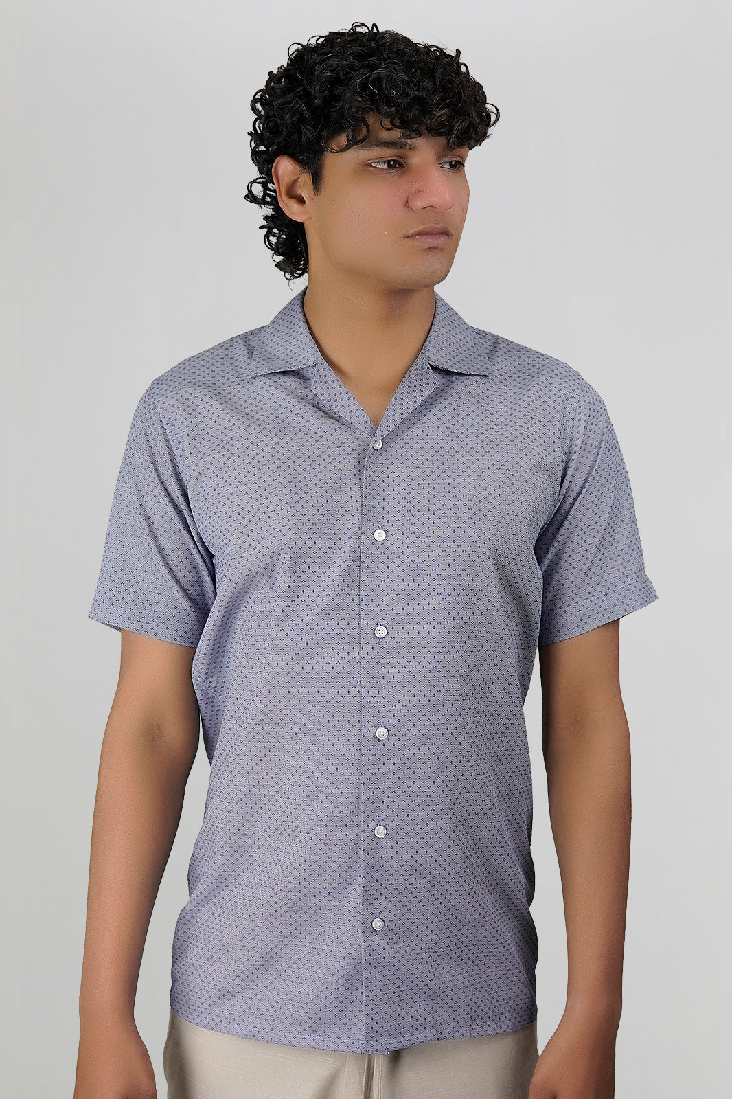 Navy & Grey Jacquard Cuban Shirt - Premium Weave