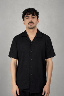 Midnight Black Irish Linen Cuban Collar Shirt