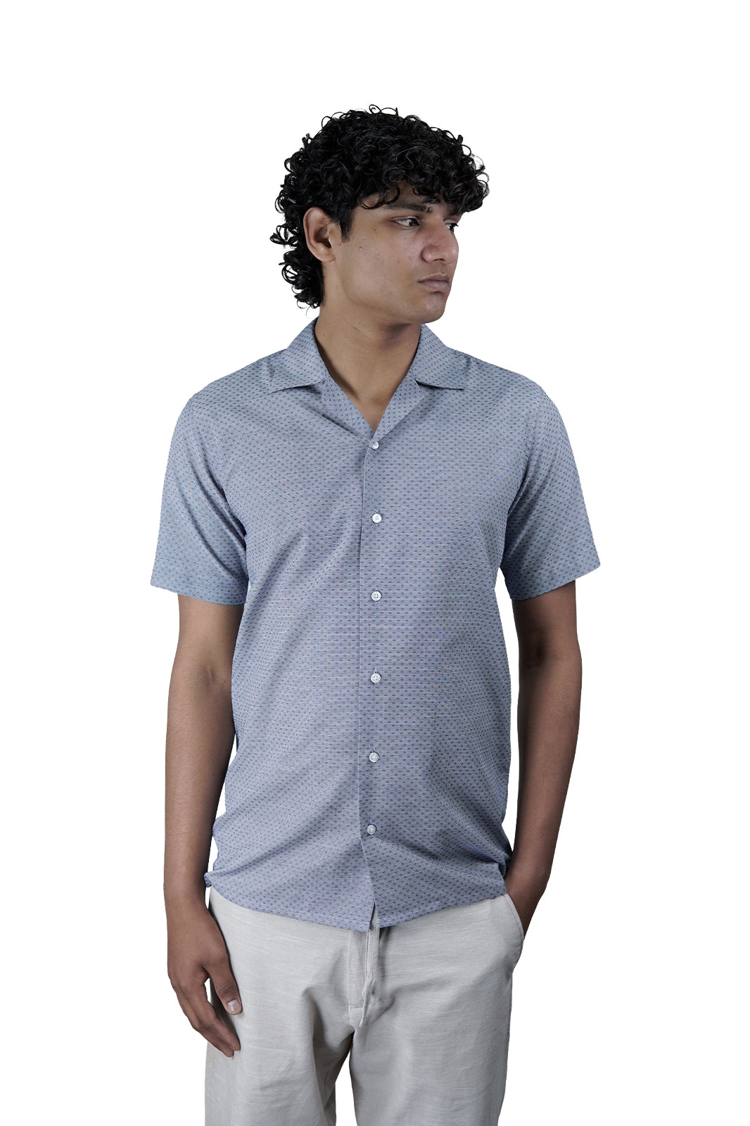 Navy & Grey Jacquard Cuban Shirt - Premium Weave