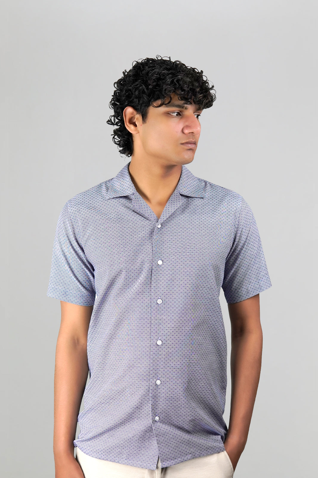 Navy & Grey Jacquard Cuban Shirt - Premium Weave