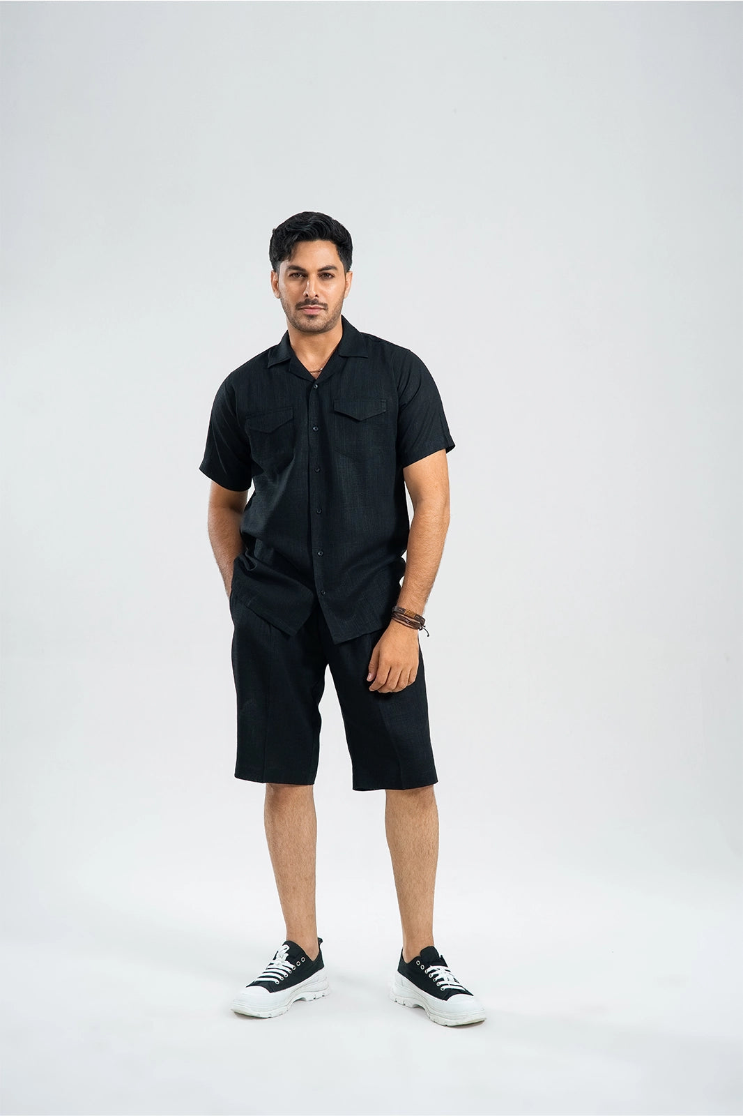 Midnight Black  Double Pocket Cuban Shirt