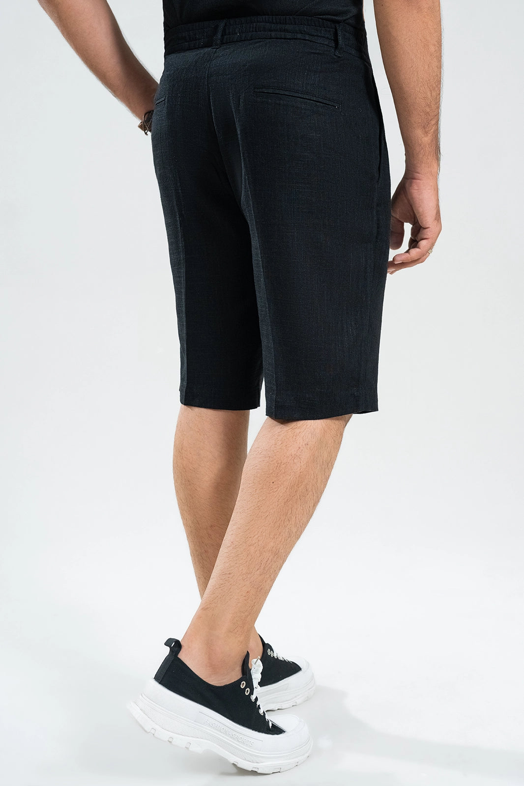 Midnight Black Textured Linen Shorts