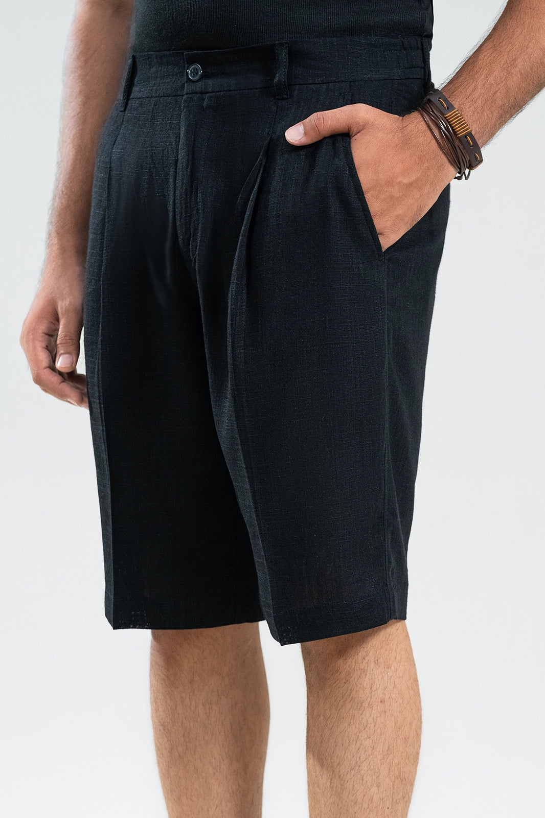 Midnight Black Textured Linen Shorts