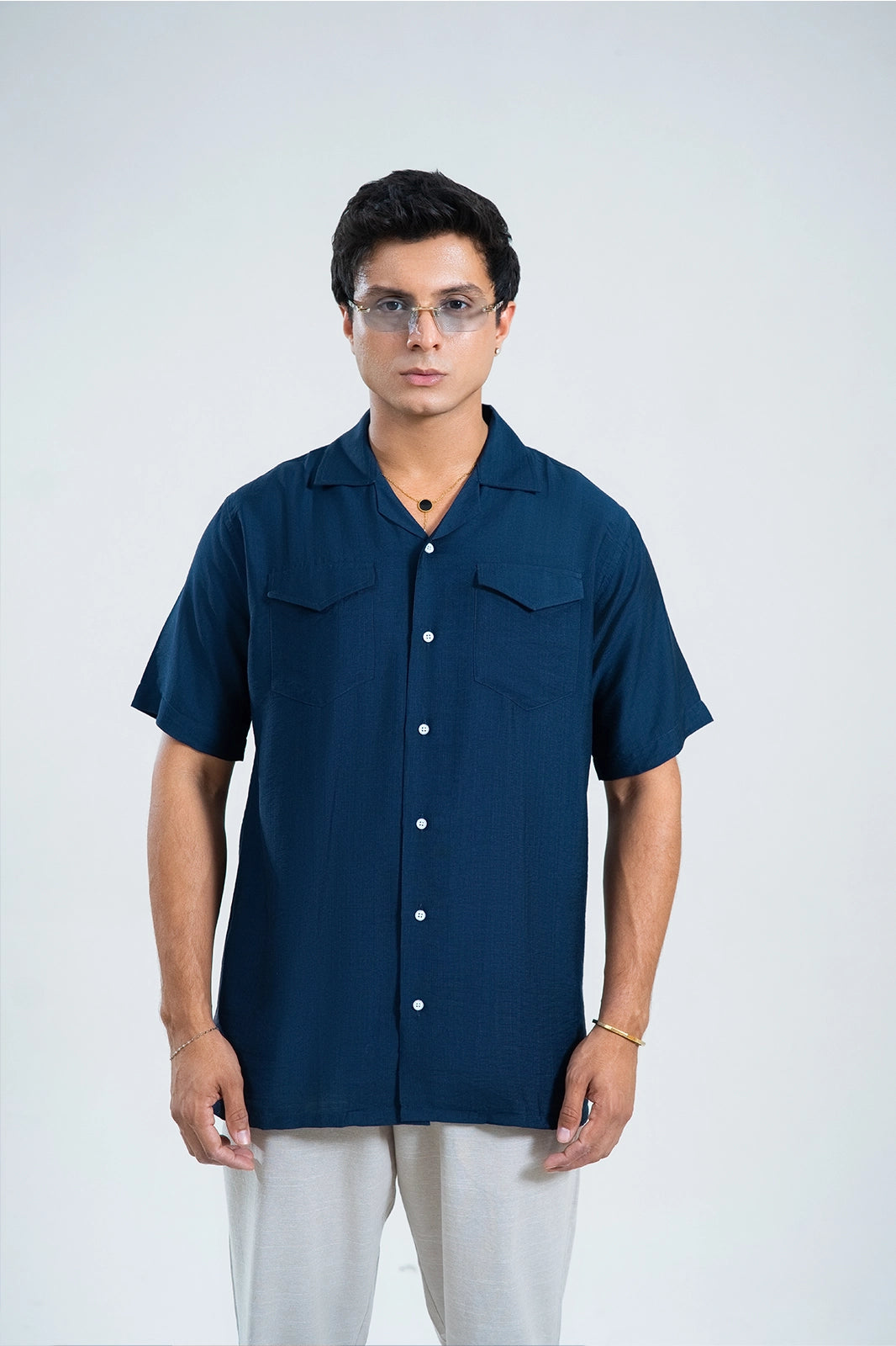Ocean Navy Double Pocket Cuban Shirt