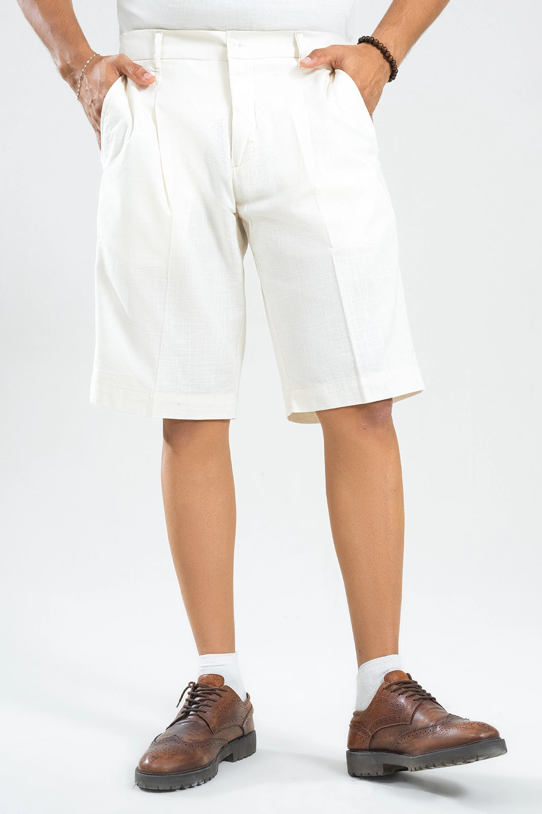 Ivory White Textured Linen Shorts