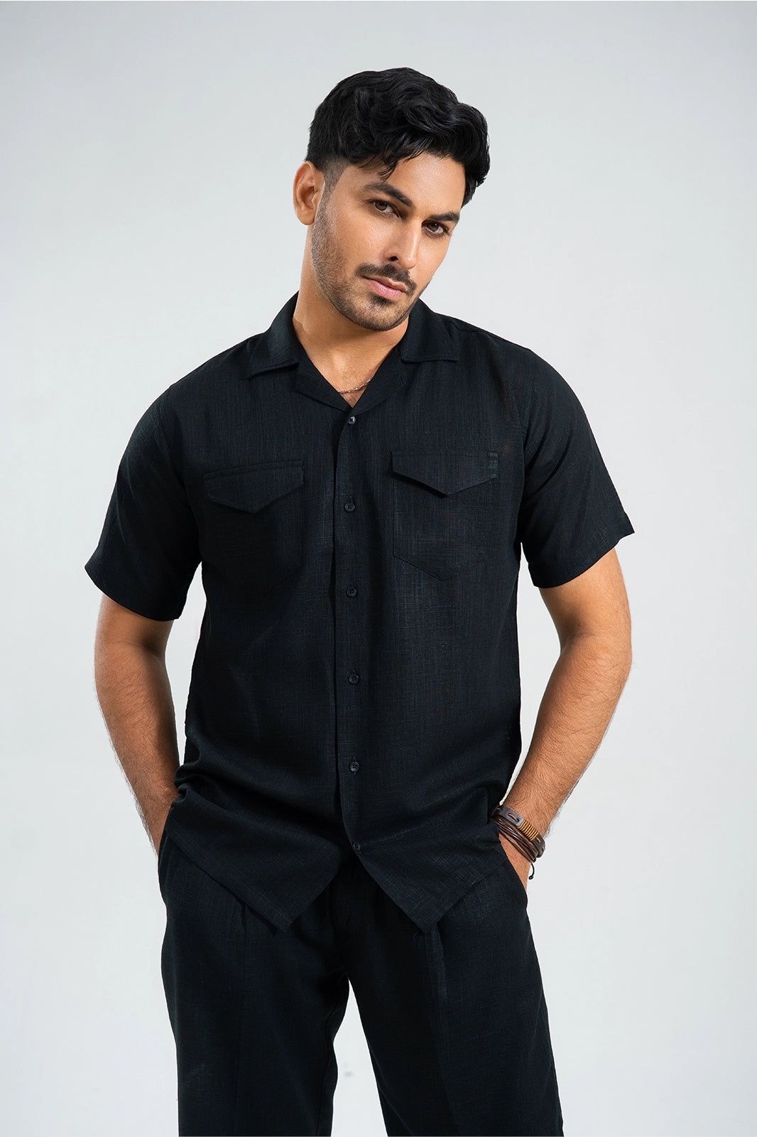 Midnight Black  Double Pocket Cuban Shirt