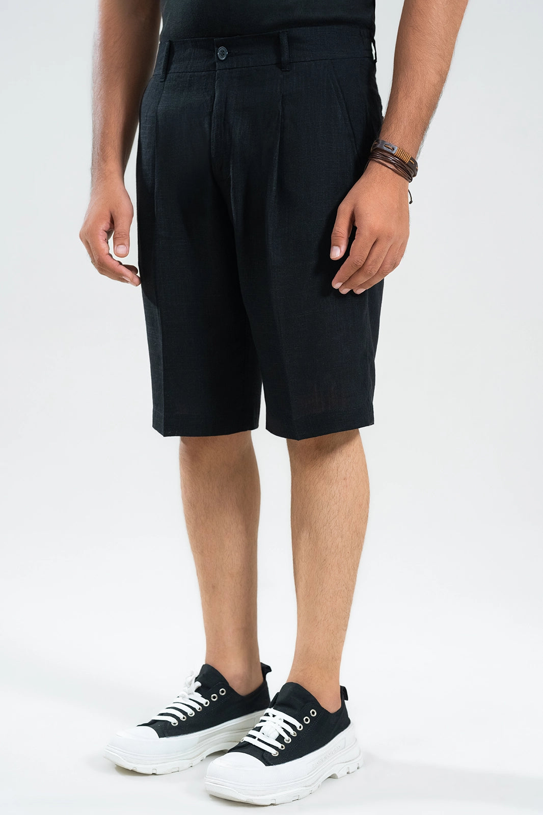 Midnight Black Textured Linen Shorts