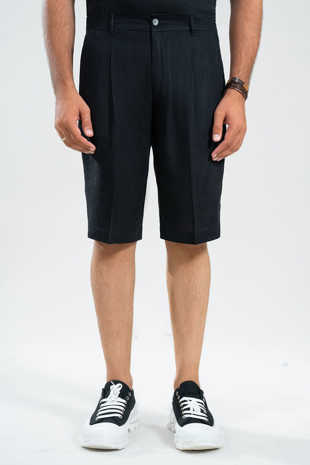 Midnight Black Textured Linen Shorts