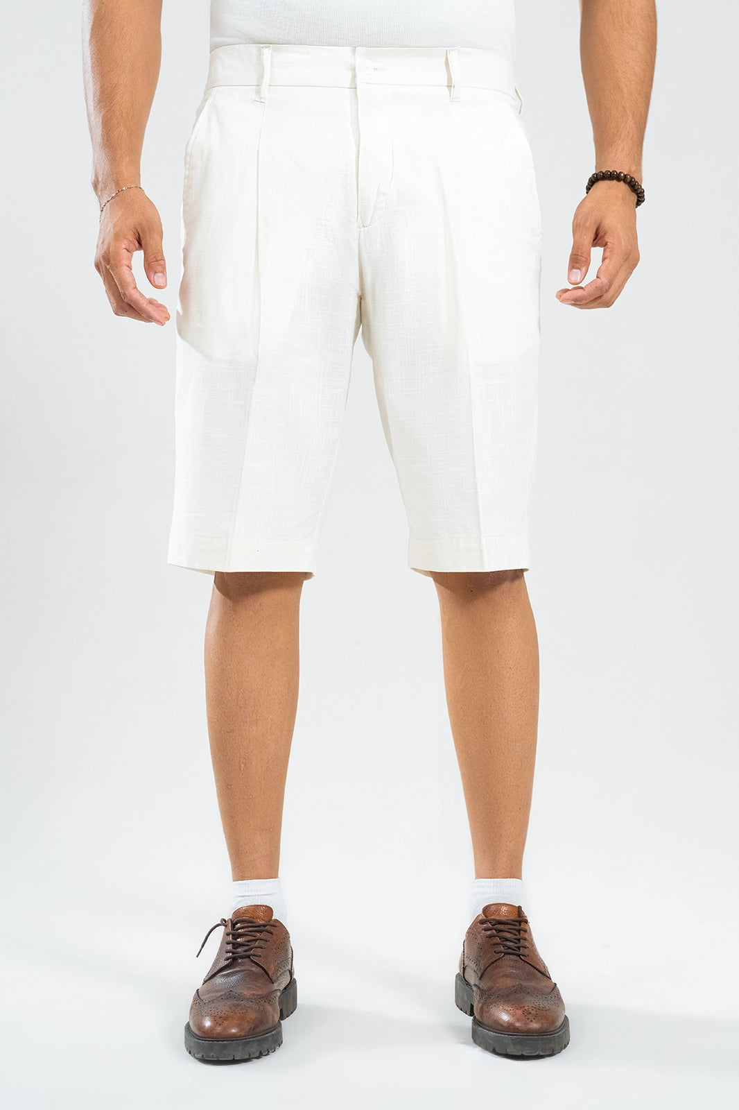 Ivory White Textured Linen Shorts