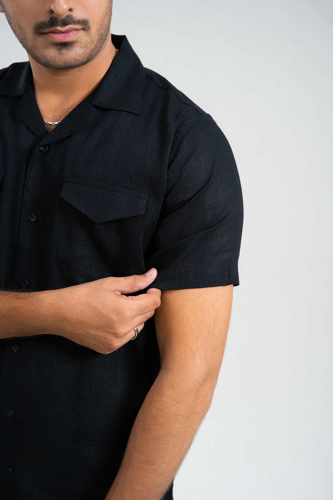 Midnight Black  Double Pocket Cuban Shirt