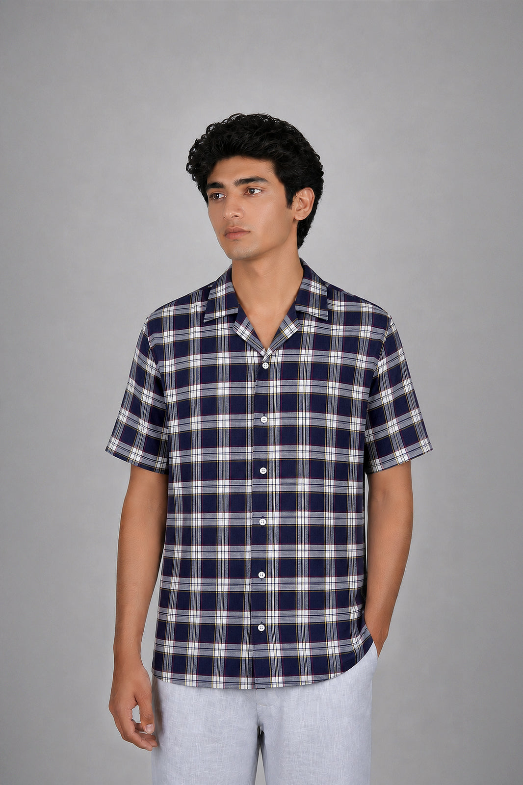 Navy Check Cuban Shirt - Off-White Contrast
