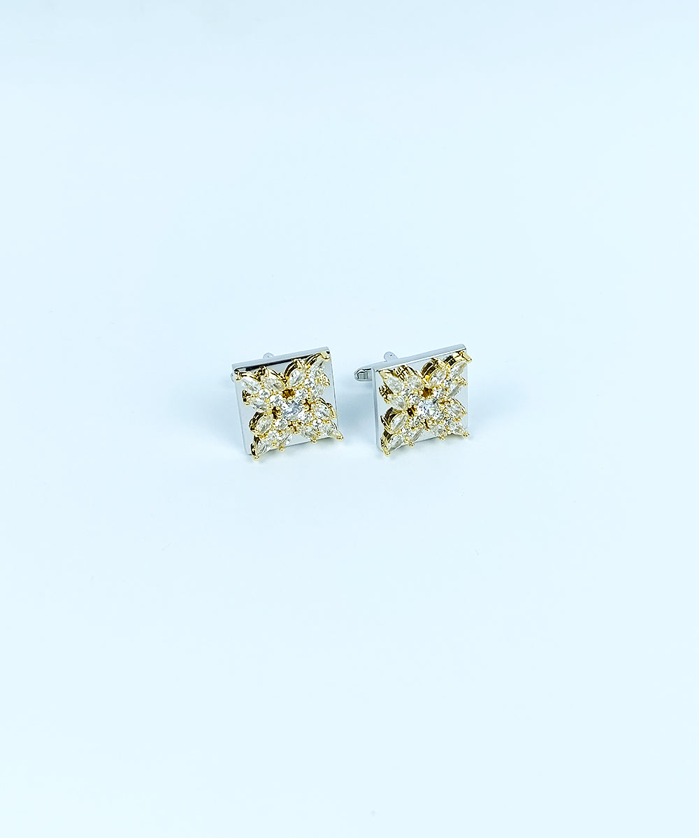 Sophisticated Square Two-Tone Crystal Floral Cufflinks (Cufflink 479)