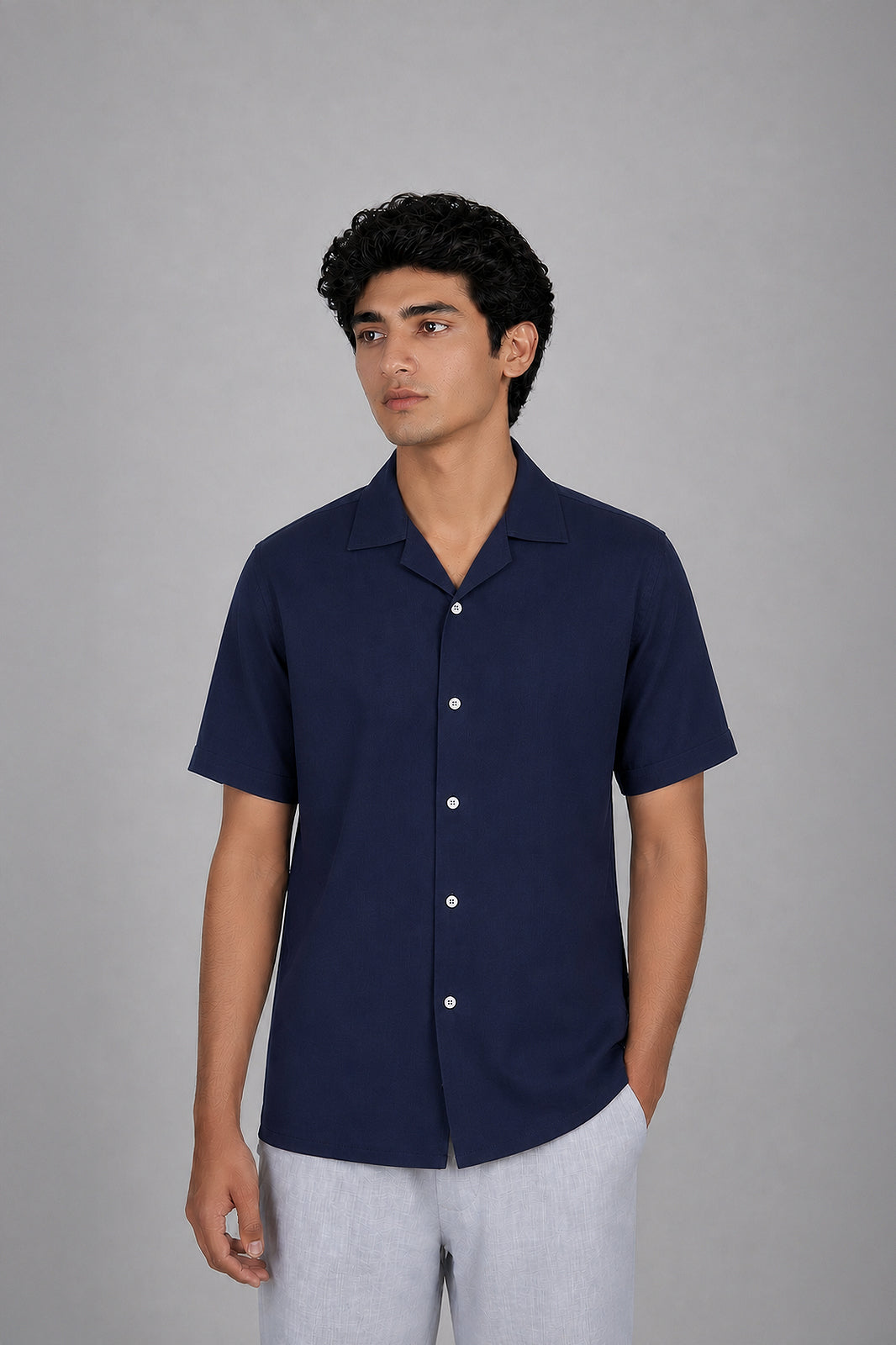 Deep Navy Irish Linen Cuban Collar Shirt