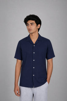 Deep Navy Irish Linen Cuban Collar Shirt