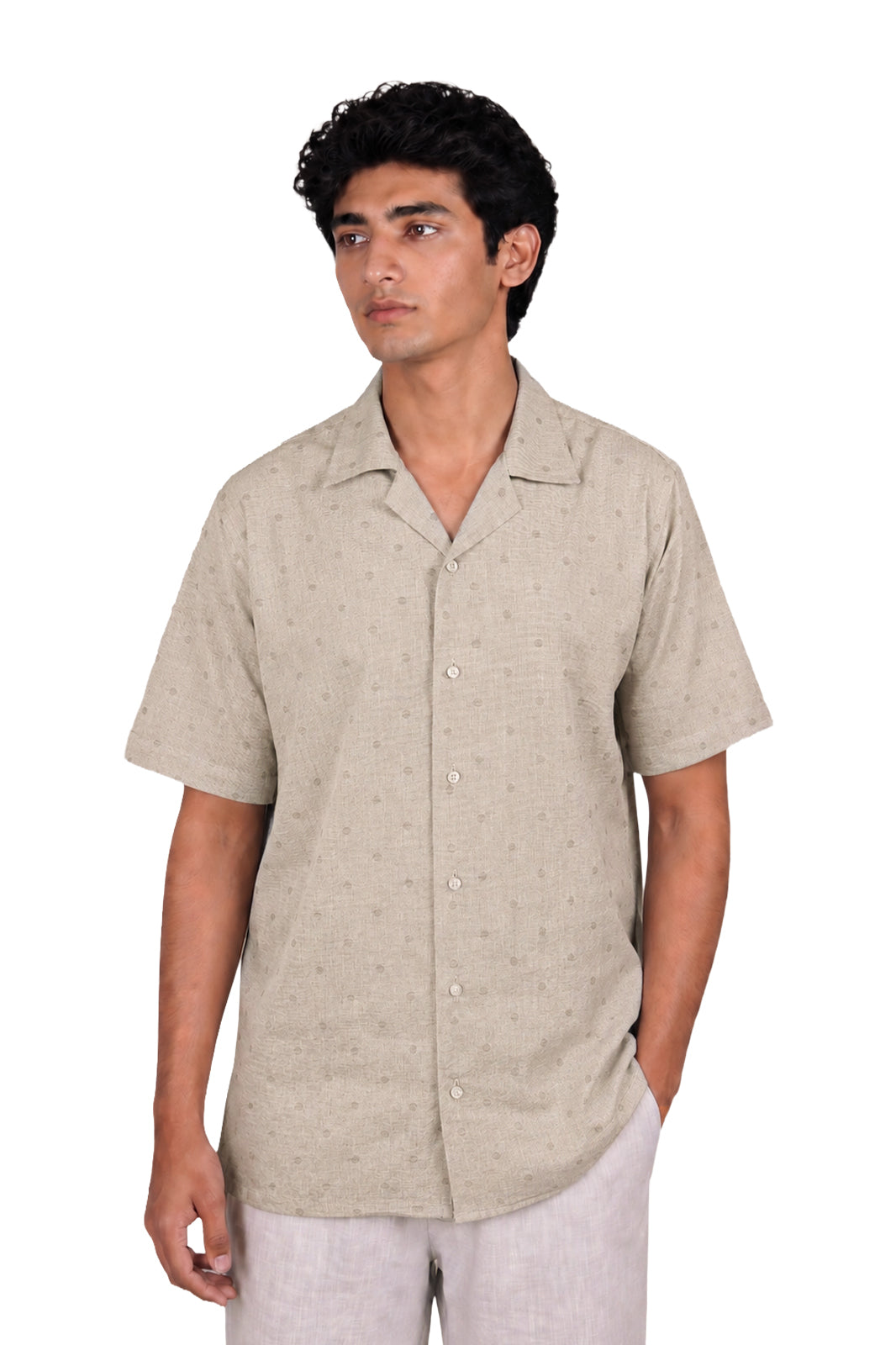 Cream & Brown Self-Textured Irish Cuban Shirt