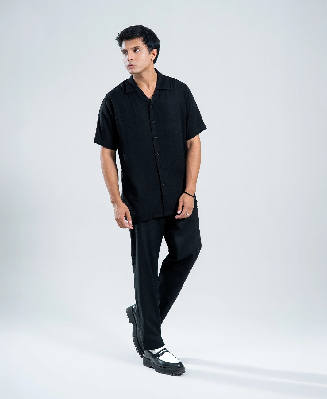 Midnight Black Irish Linen Cuban Collar Shirt