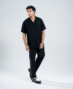 Midnight Black Irish Linen Cuban Collar Shirt